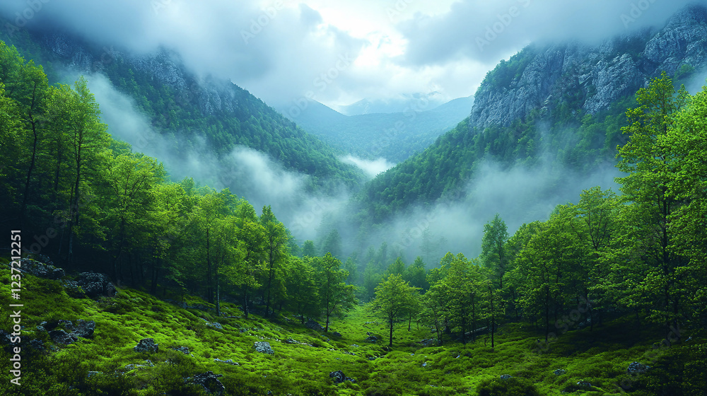 A forest with trees covered in fog A forest with trees covered in fog