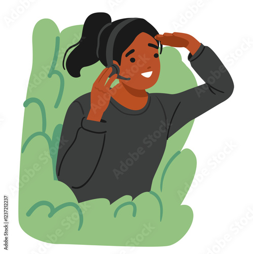 Preteen girl child cartoon character playing spy game imagining herself as secret agent in ambush