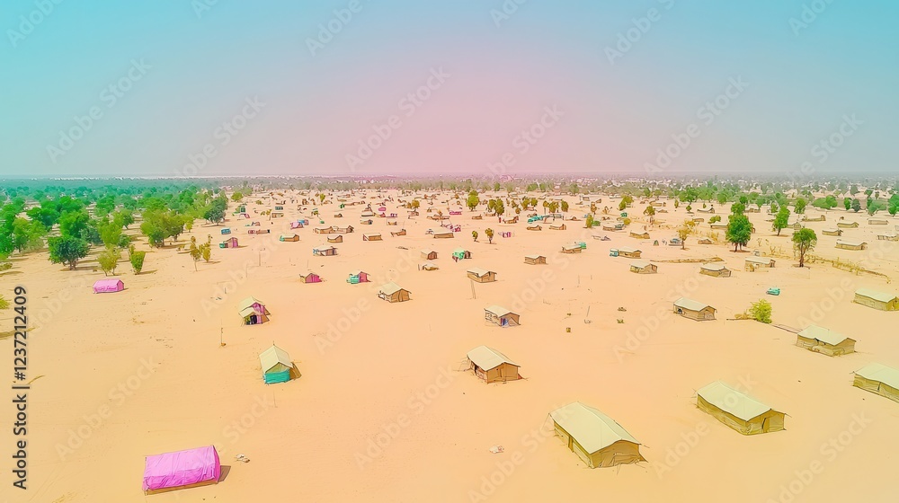 Aerial View of Tent City in Arid Landscape