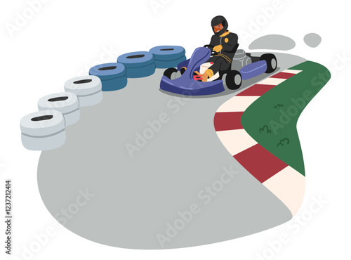 Extreme motor sports racer driving go-cart vehicle feeling excitement finishing first on road track