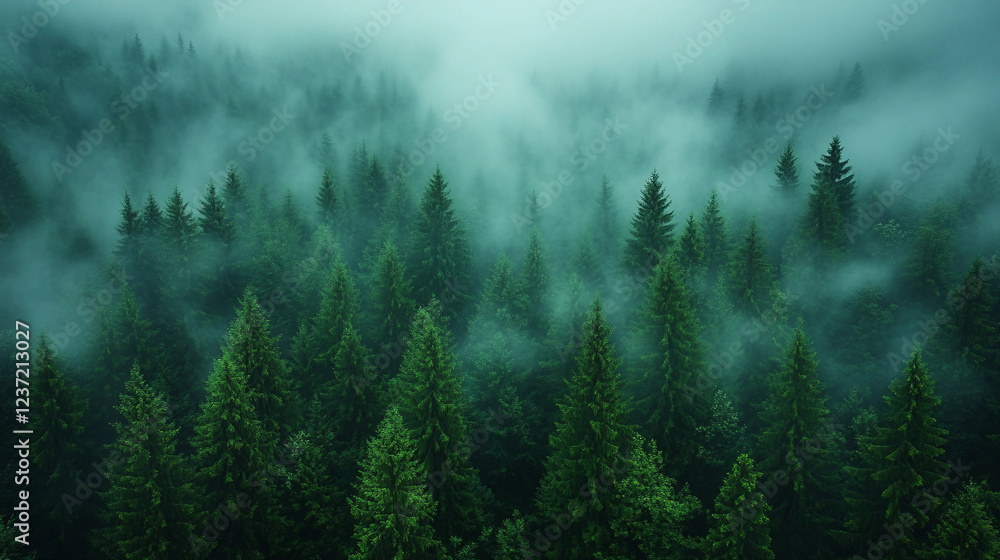 A forest with trees covered in fog A forest with trees covered in fog