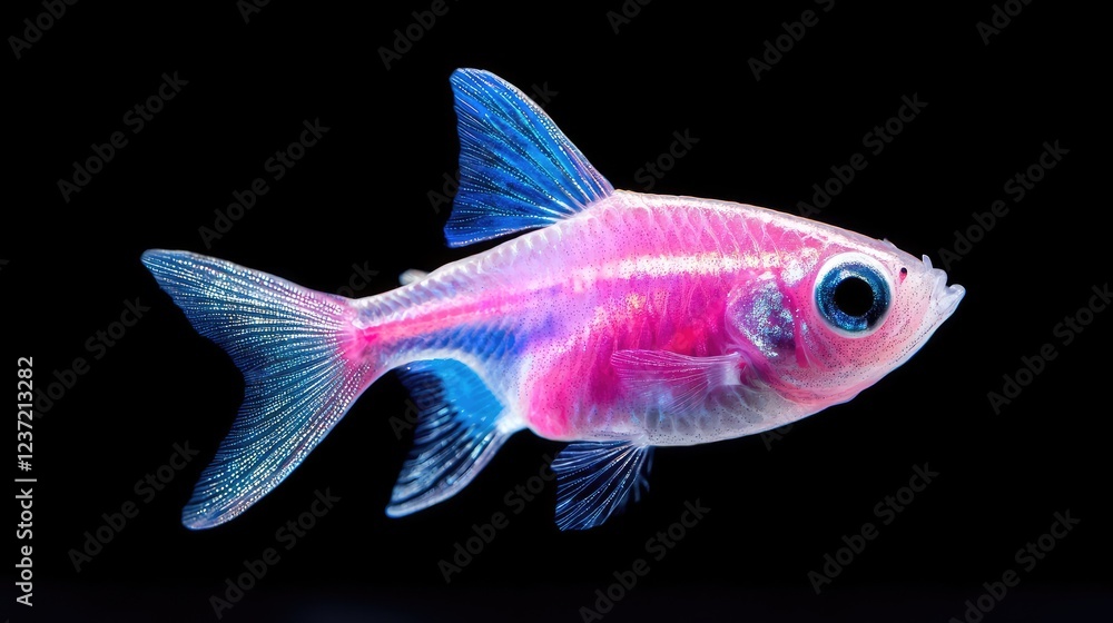 Pink neon tetra fish swimming, black background, aquarium, pet Pink neon tetra fish swimming, black background, aquarium, pet