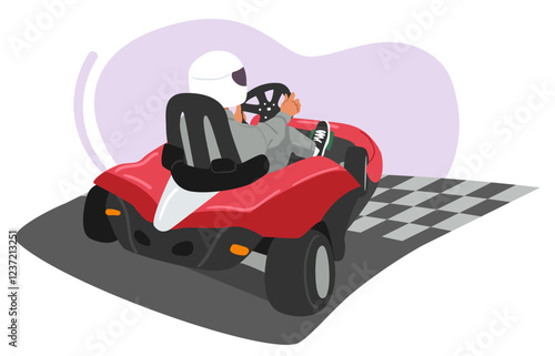 Speed motor racer driving kart car participating in extreme auto racing competition view from back
