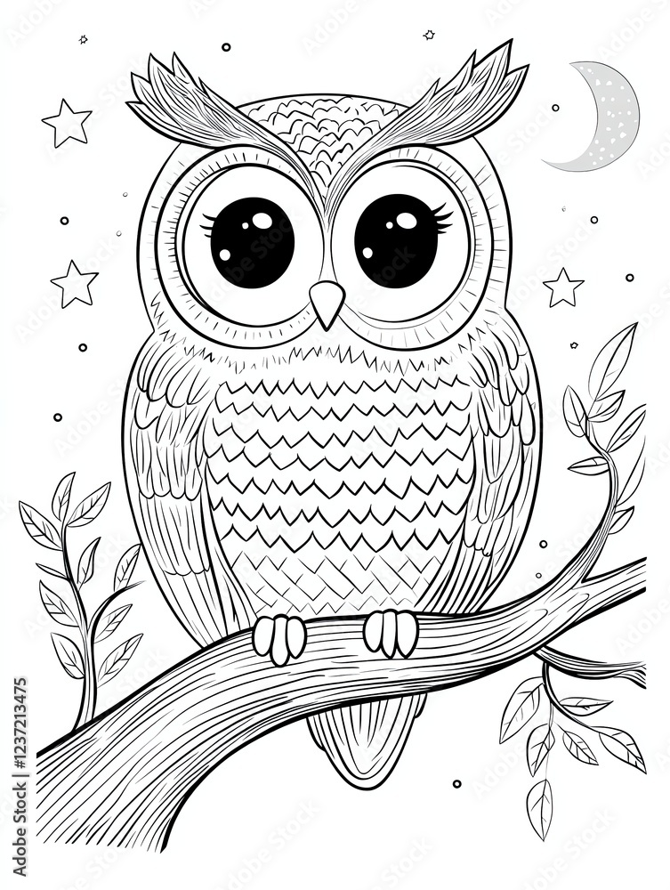 Fototapeta premium Owl on a Moonlit Branch, A wise owl sitting on a tree branch under the moonlight, with stars twinkling in the background