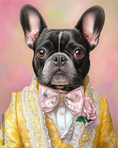 Pets Portrait, a charming French Bulldog in a pastel yellow baroque-style suit, silk bow tie and lace cuffs, soft glowing background