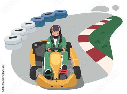 Motorsport driver cartoon character participating extreme go-carting race activity driving karting