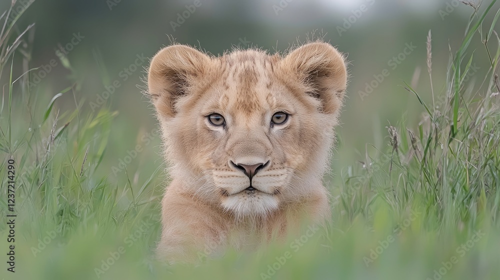 Lion cub portrait, grassy savanna, wildlife, nature