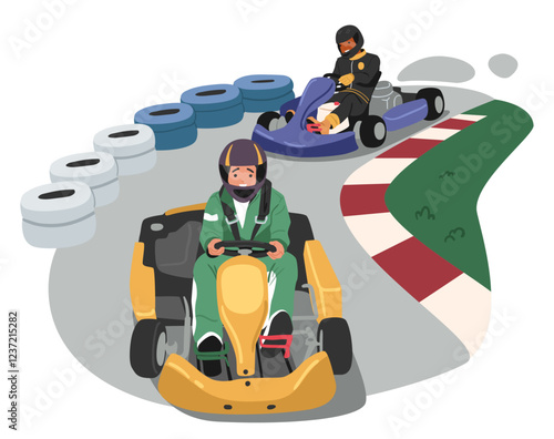 People kart racing participants character enjoying championship activity driving cart on track