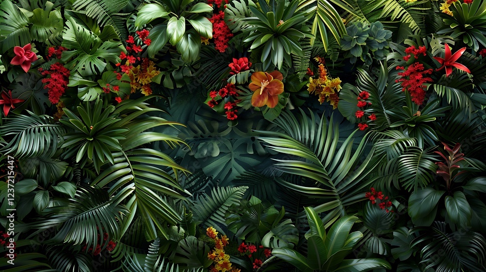 A unique wall design showcasing bold tropical flowers and dense greenery A unique wall design showcasing bold tropical flowers and dense greenery