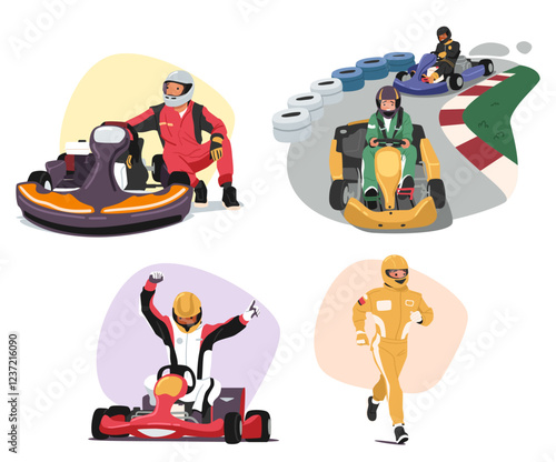 Isolated cartoon scene of go-cart racers engaged in various situation on karting road track