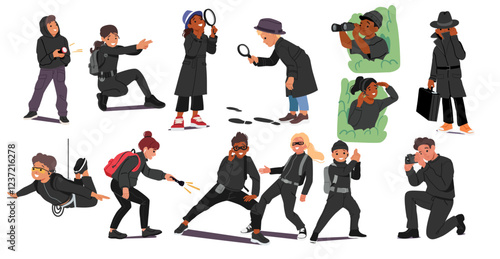 Kids secret agents cartoon characters providing murderer crime investigation and terrified threats
