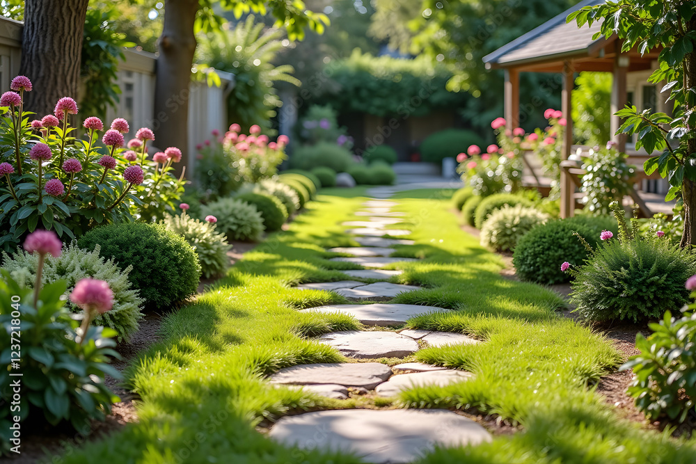 Obraz premium Garden pathway with stepping stones and lush greenery