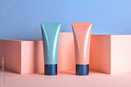 Wallpaper Mural Two packaging beauty cosmetic tubes , blue, pink, peach isolated mockup template Torontodigital.ca