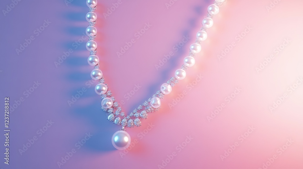 Luxury pearl and diamond necklace softly illuminated against a pink gradient backdrop. Luxury pearl and diamond necklace softly illuminated against a pink gradient backdrop.