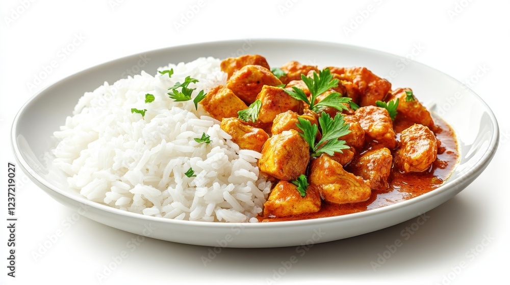 Delicious chicken curry with white rice garnished with fresh parsley on a white plate Delicious chicken curry with white rice garnished with fresh parsley on a white plate