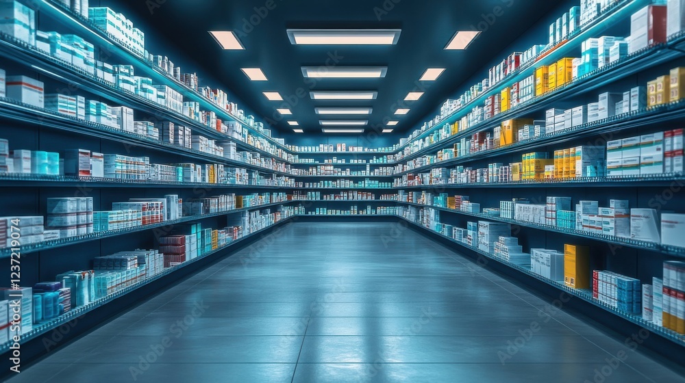 Obraz premium Aisle in modern pharmacy with colorful medicine boxes on shelves