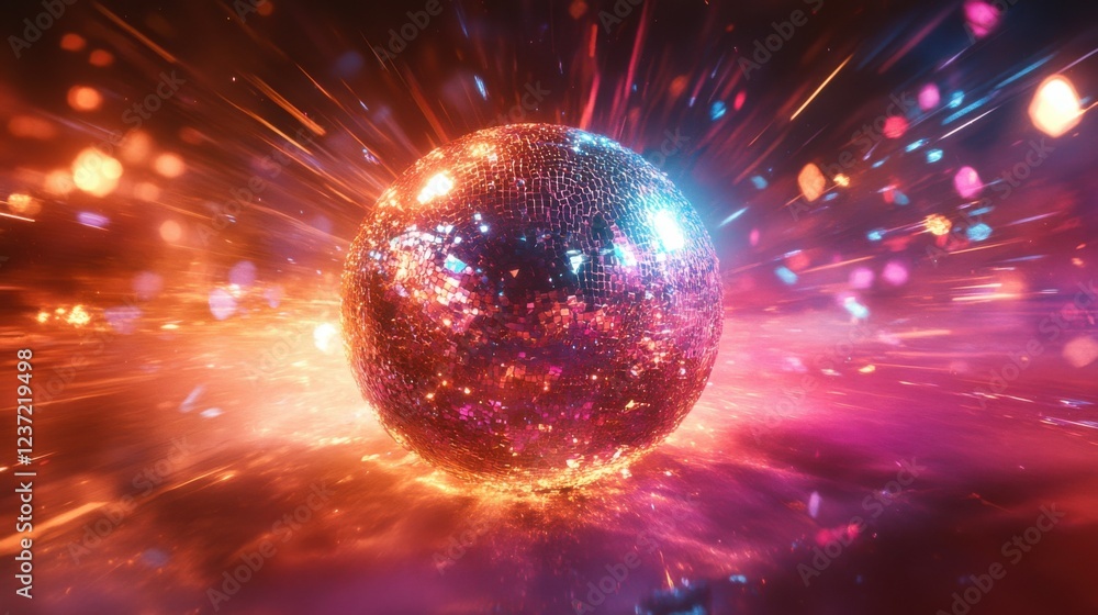 Vibrant disco ball sparkling with colorful light streaks and reflections in motion Vibrant disco ball sparkling with colorful light streaks and reflections in motion