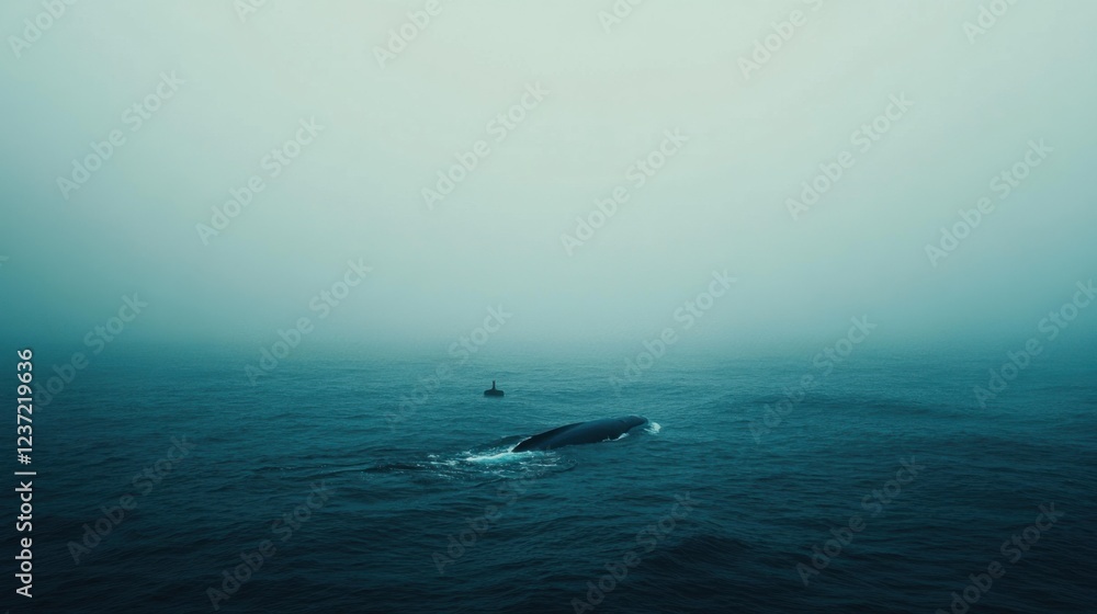 Obraz premium Humpback whale and diver in misty ocean