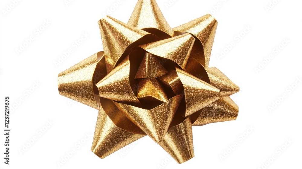 Elegant golden ribbon bow with glossy finish on white background