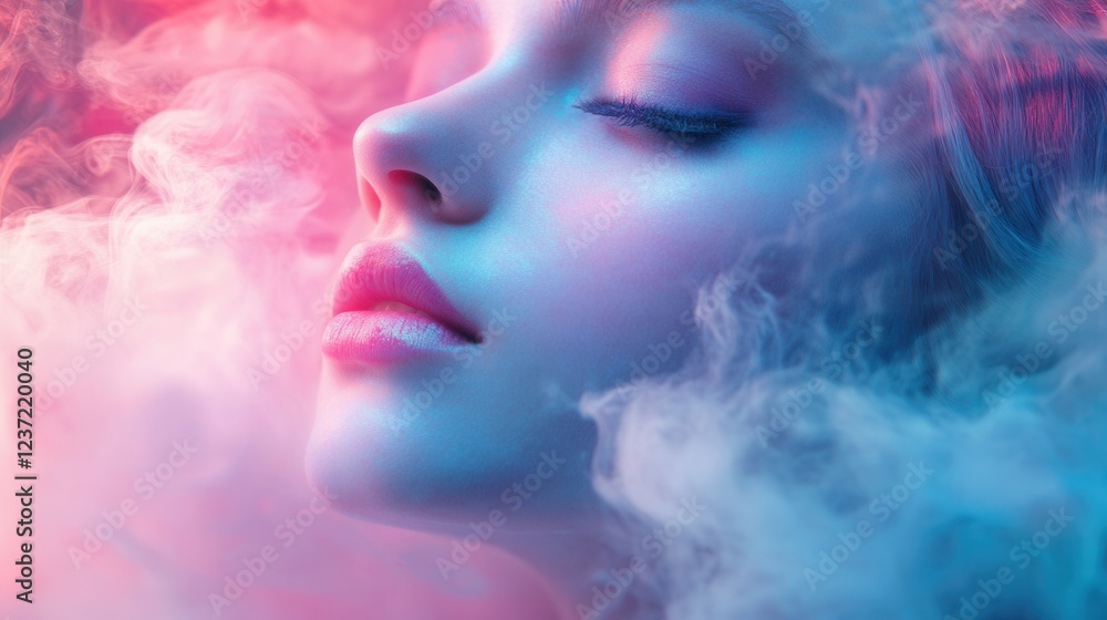 Woman's serene face in ethereal pink and blue smoke with eyes closed Woman's serene face in ethereal pink and blue smoke with eyes closed