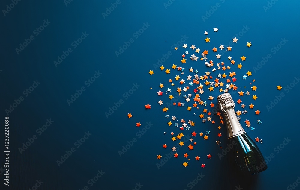 Fototapeta premium Champagne bottle with star-shaped confetti falling against a navy blue background, perfect for celebration or New Year's Eve theme