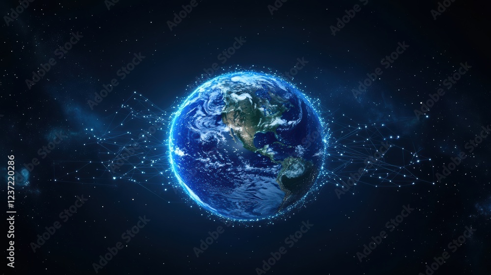 Earth in space with digital network overlay and starry background Earth in space with digital network overlay and starry background