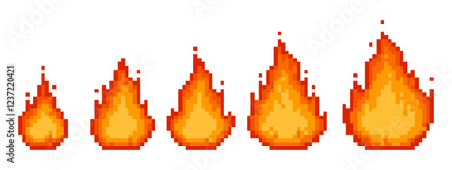 Pixel art of fire flames in various sizes. on a white background. 8 bit sprite sheet for video game assets on a white background. vector graphics.