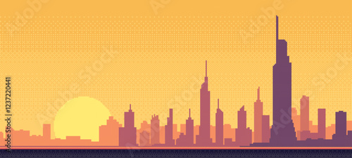 8-bit pixel art city skyline at sunset. Minimalist Design. 2d game design. clean flat vector Illustration. warm tones. simple buildings.