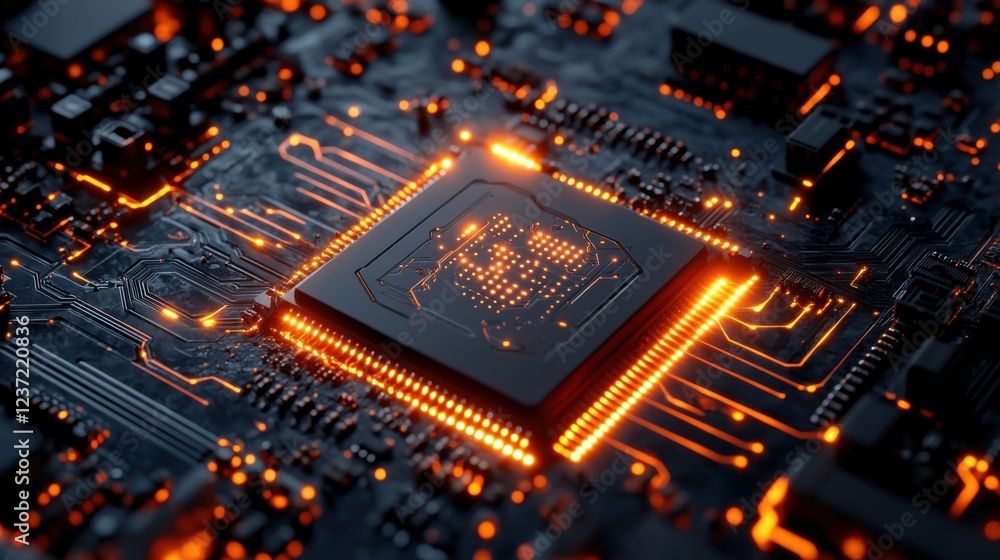 Futuristic circuit board with glowing microchip in high-tech electronic system close-up Futuristic circuit board with glowing microchip in high-tech electronic system close-up