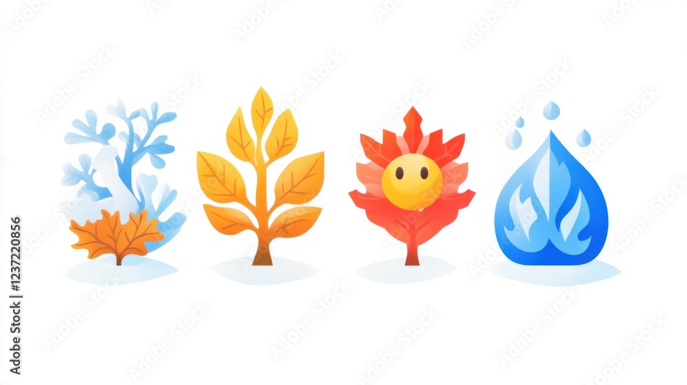 Four elemental trees representing seasons and nature with unique stylized designs Four elemental trees representing seasons and nature with unique stylized designs