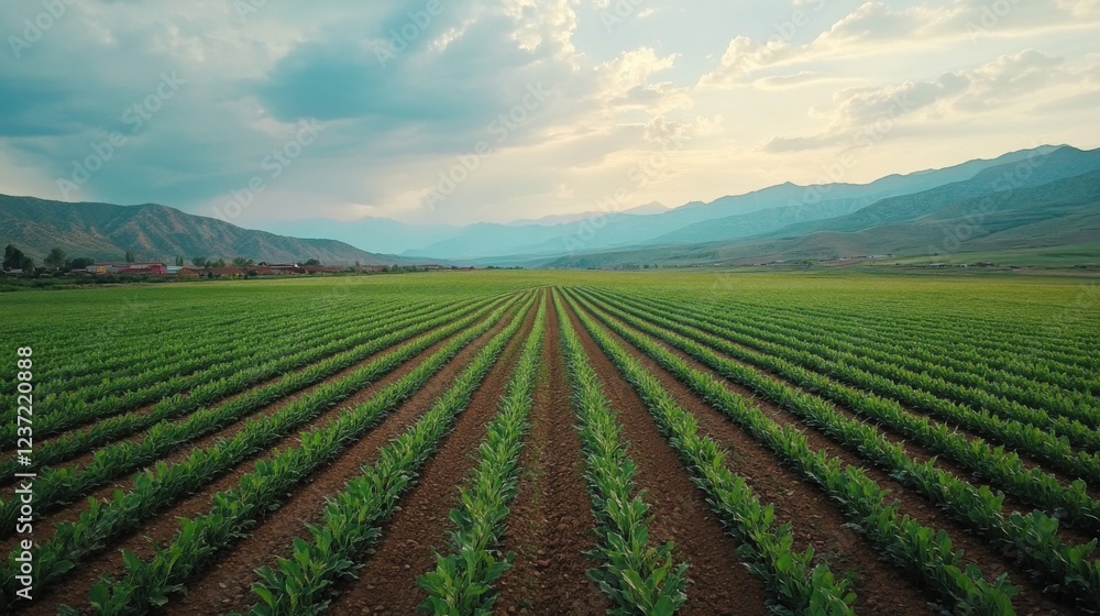 Green agricultural field with rows of crops and mountainous landscape under cloudy sky Green agricultural field with rows of crops and mountainous landscape under cloudy sky