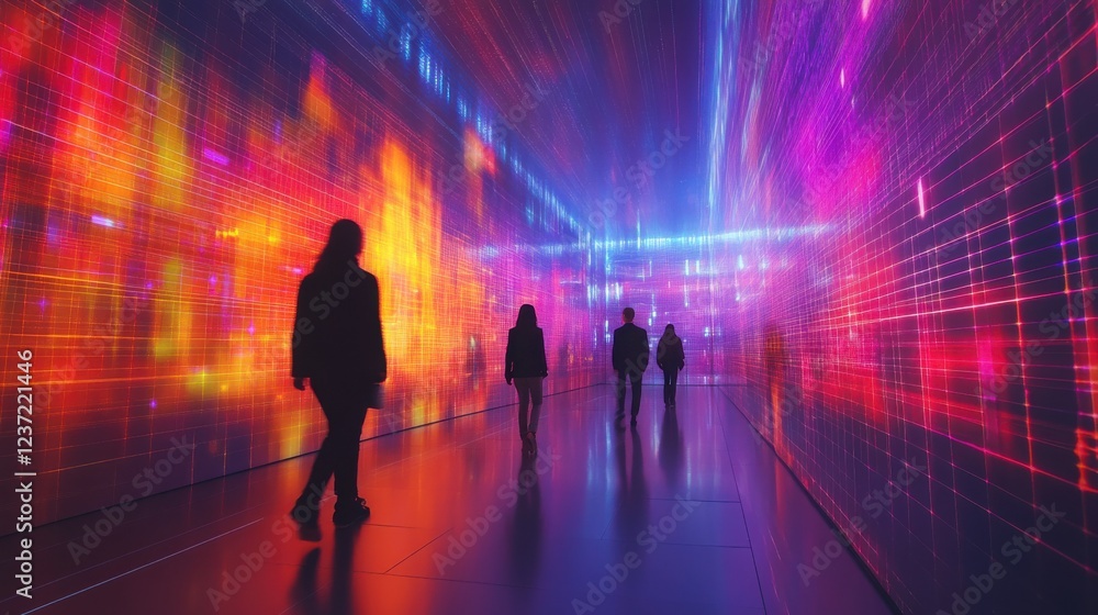Silhouetted people walking in vibrant digital art tunnel with neon lights Silhouetted people walking in vibrant digital art tunnel with neon lights