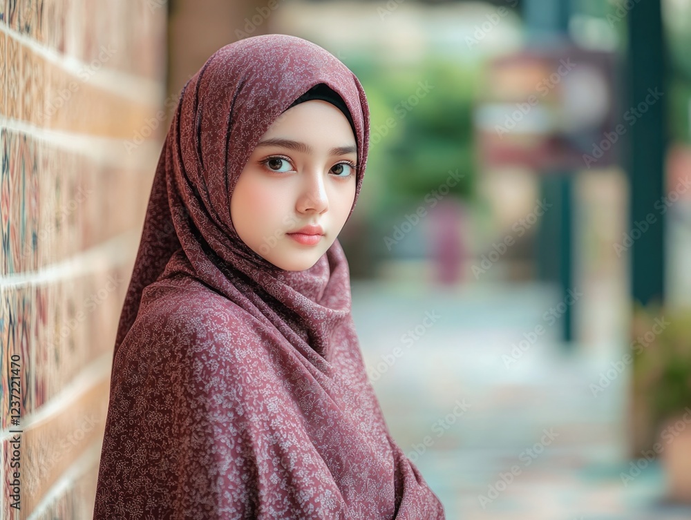 A young Muslim woman wearing a hijab and a modest sari. She appears contemplative or reflective in the image. A young Muslim woman wearing a hijab and a modest sari. She appears contemplative or reflective in the image.