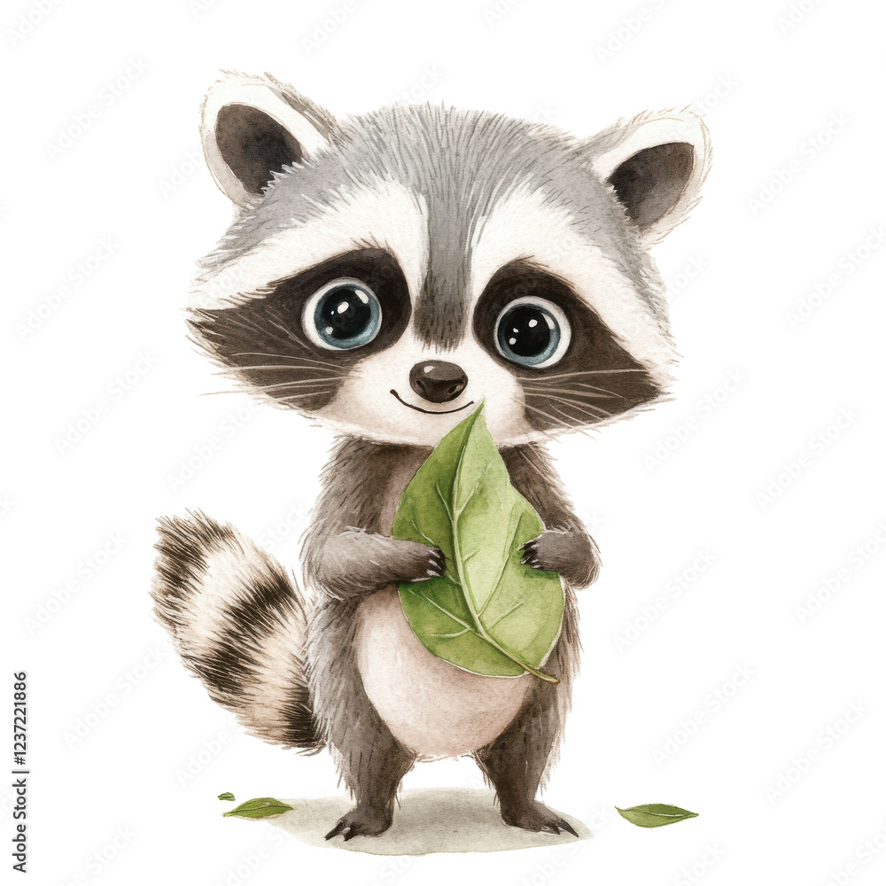 Obraz premium Cute watercolor cartoon raccoon holding leaf with big eyes and fluffy fur isolated png