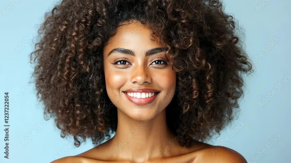 Portrait of smiling woman with curly hair, radiating beauty and happiness against light blue Portrait of smiling woman with curly hair, radiating beauty and happiness against light blue
