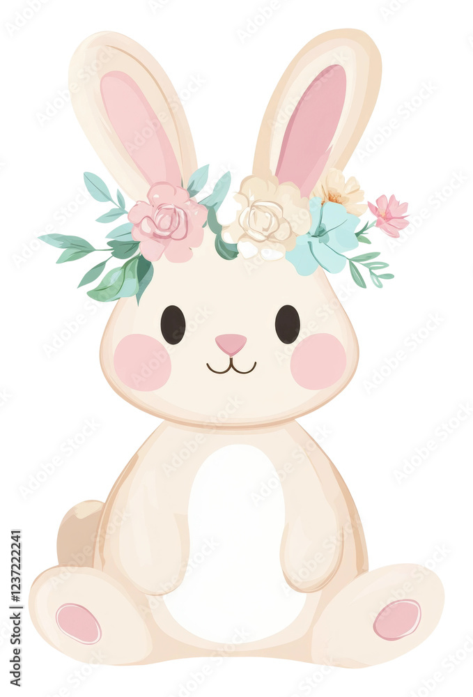 Obraz premium Cute bunny with floral crown sitting quietly isolated on transparent background