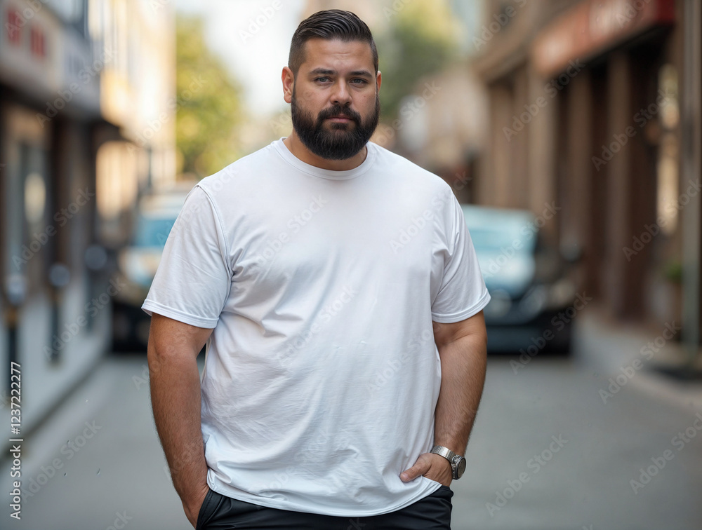 Man standing confidently on an urban street featuring buildings, parked cars, and trees in the background during daylight hours in a lively city environment Man standing confidently on an urban street featuring buildings, parked cars, and trees in the background during daylight hours in a lively city environment