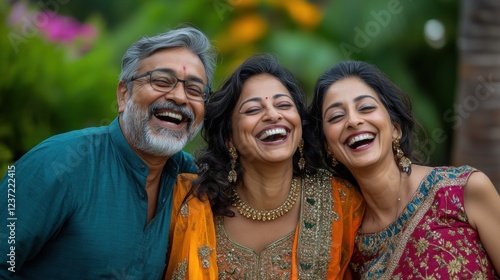 Three happy adults in traditional indian attire smiling together outdoors