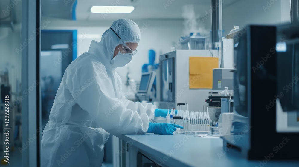 Naklejka premium An industrial hygienist conducting air quality tests in a manufacturing facility, with air monitoring devices and factory equipment around, Air quality testing scene