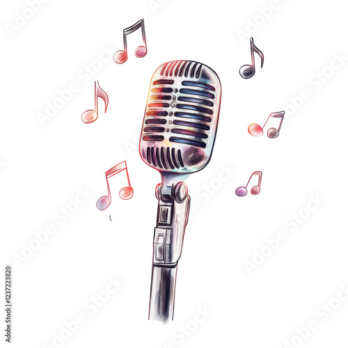 Vintage microphone with musical notes illustration on transparent background isolated png
