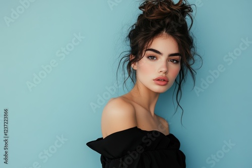 Elegant Woman in Black Dress, Looking with Confidence. Generative AI.