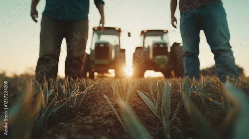 Two farmers stand resolutely in front of their tractors at dusk, surrounded by crops, symbolizing teamwork and the pride of agricultural work in a serene atmosphere. photo