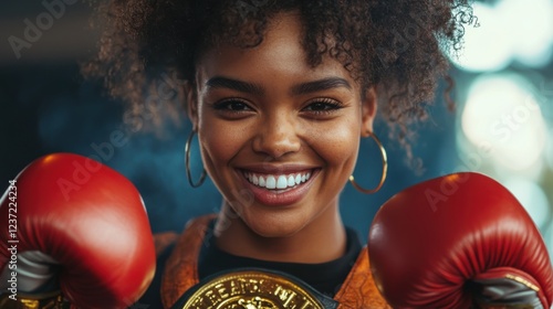 Young female boxer smiling with red gloves and championship belt outdoors photo