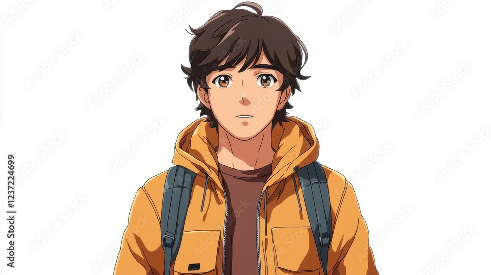 Young man in yellow jacket with backpack standing alone, looking curious Young man in yellow jacket with backpack standing alone, looking curious