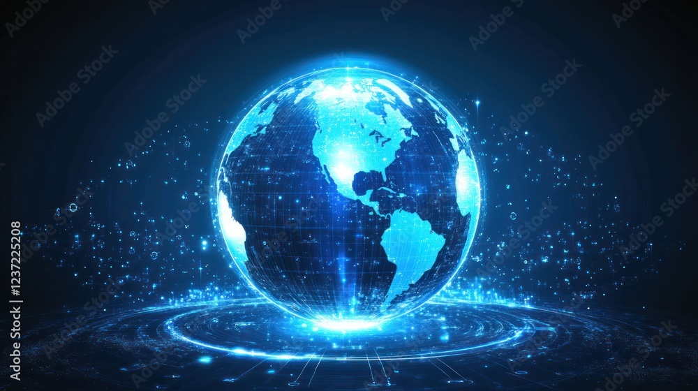 In a cyber technology concept, a blue holographic globe on a black background represents global communication and data transfer worldwide. In a cyber technology concept, a blue holographic globe on a black background represents global communication and data transfer worldwide.