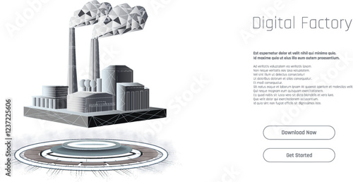 Modern digital factory showcasing industrial innovation and efficiency in a futuristic design with environmental considerations