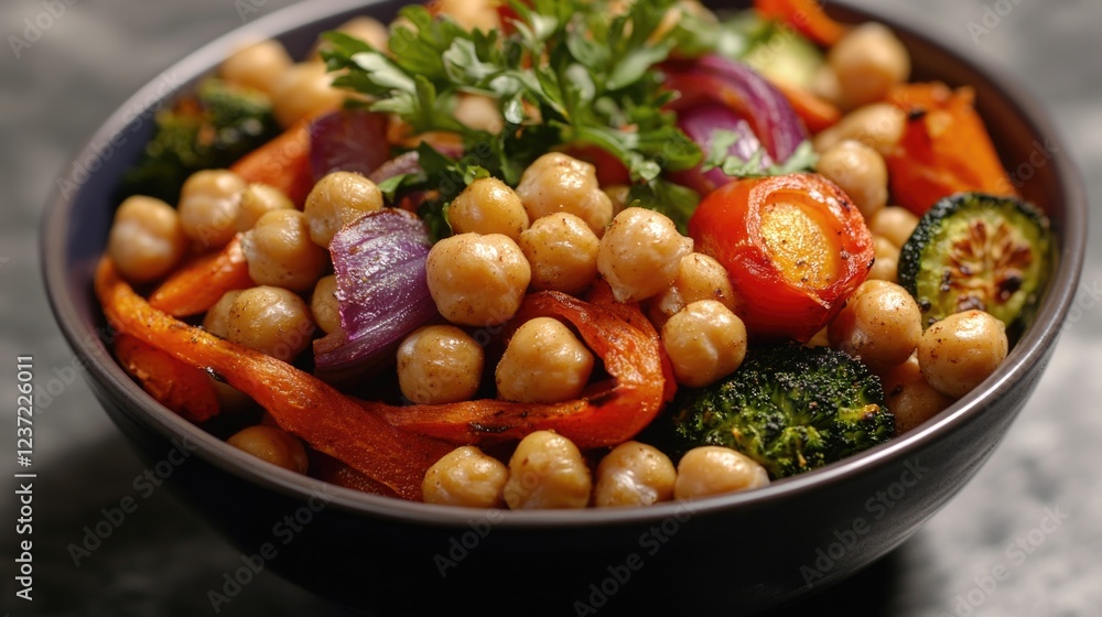 A vibrant, healthy meal featuring chickpeas and a variety of fresh vegetables. A vibrant, healthy meal featuring chickpeas and a variety of fresh vegetables.