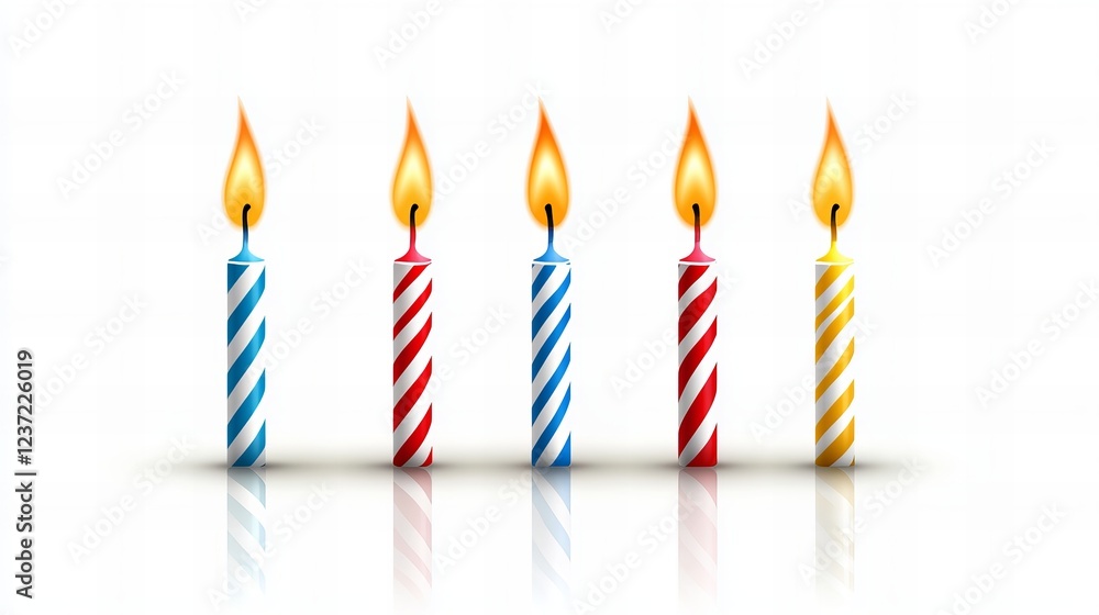 Five brightly colored birthday candles with lit flames on a white background. Perfect for celebratory designs. Five brightly colored birthday candles with lit flames on a white background. Perfect for celebratory designs.
