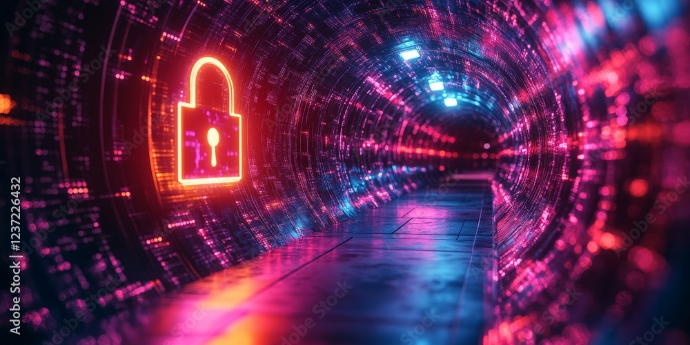 Fototapeta premium A glowing neon lock inside a cyber tunnel, symbolizing online security, encryption, and data protection. Perfect for cybersecurity, technology, and digital safety themes.