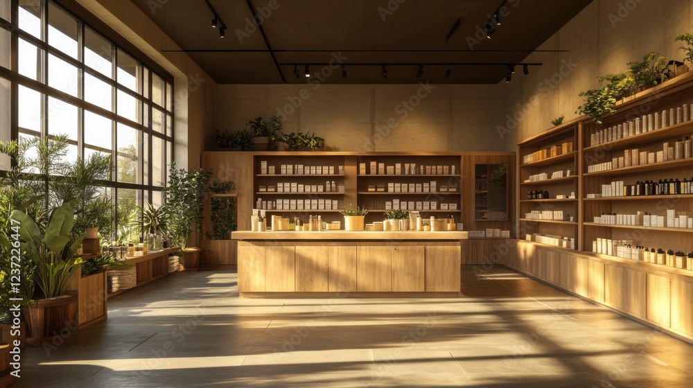 Sunlit natural skincare store with wooden shelves and indoor plants in modern interior